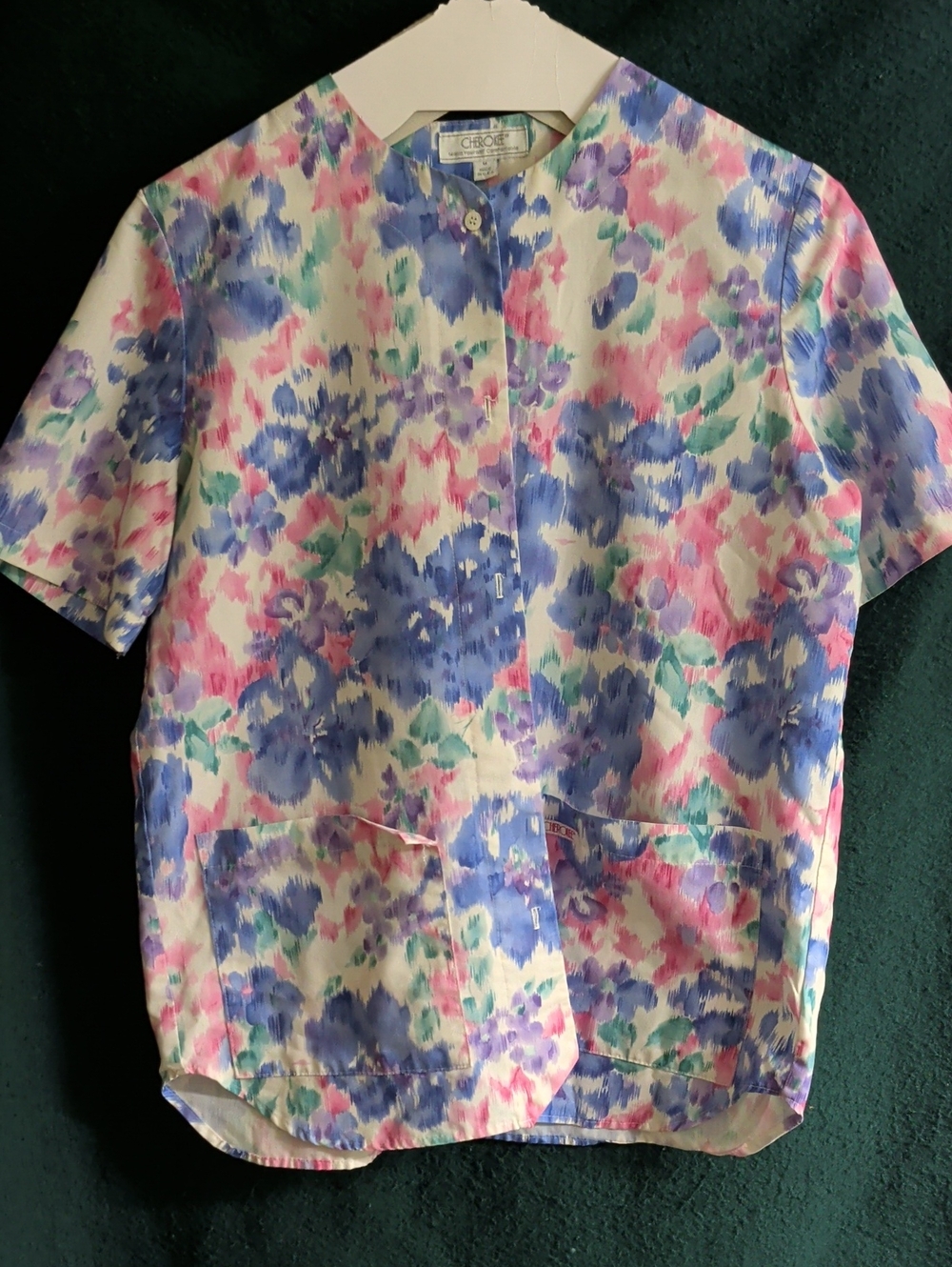 Cherokee Floral Button-Down Scrub Top - Blue, Pink & Mint